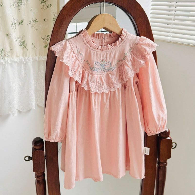 Design Autumn Girls Flowers and Bows Embroidery Ruffle Neck Long Sleeves French Style Dress-1